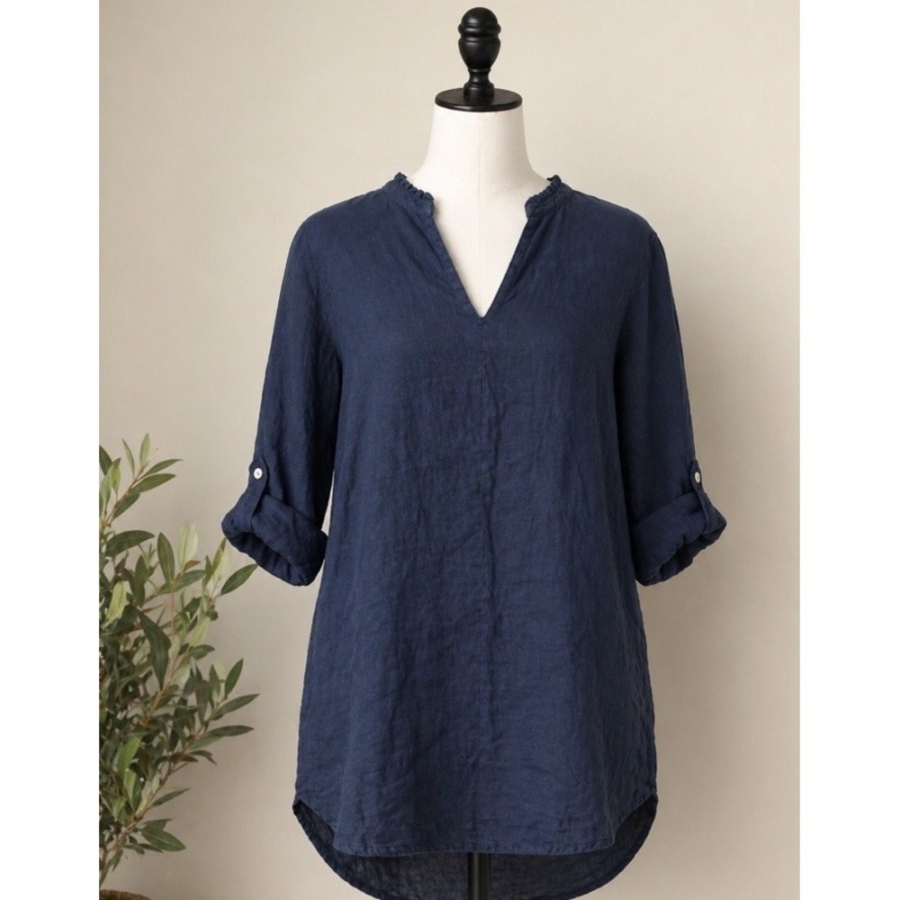 Rosemarine Made In Italy Linen Tunic Top Women Small Navy Roll Sleeve Lagenlook